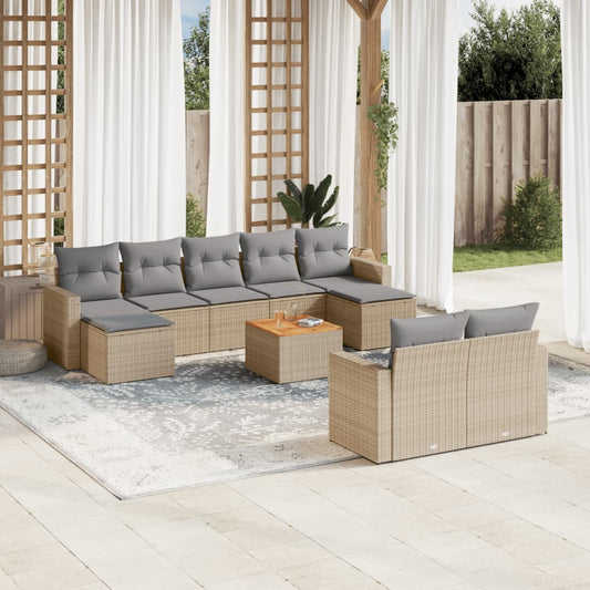 10-delige Loungeset met kussens poly rattan beige