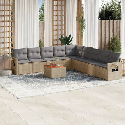 10-delige Loungeset met kussens poly rattan beige