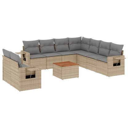 10-delige Loungeset met kussens poly rattan beige