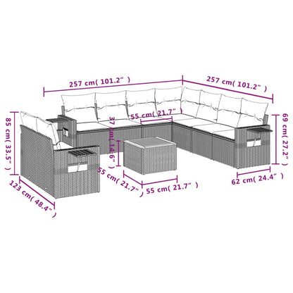 10-delige Loungeset met kussens poly rattan grijs