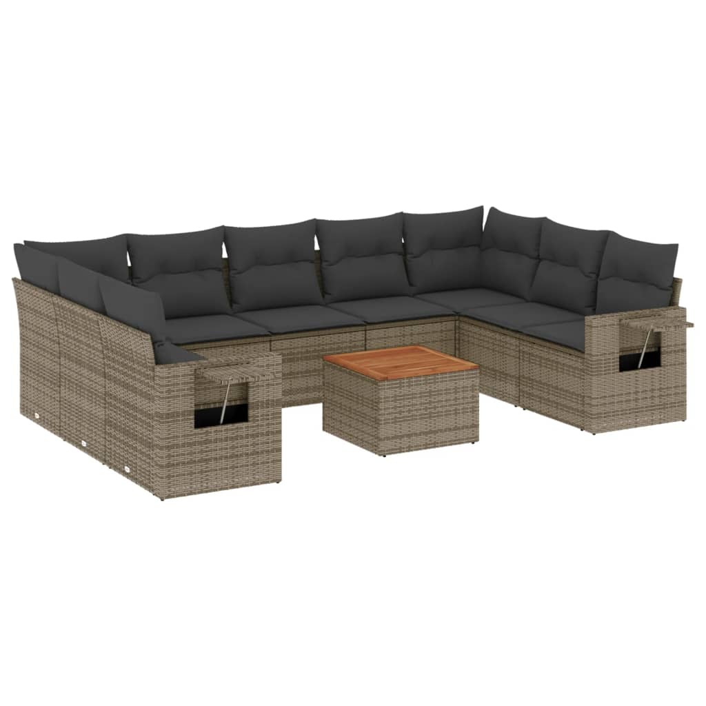 10-delige Loungeset met kussens poly rattan grijs