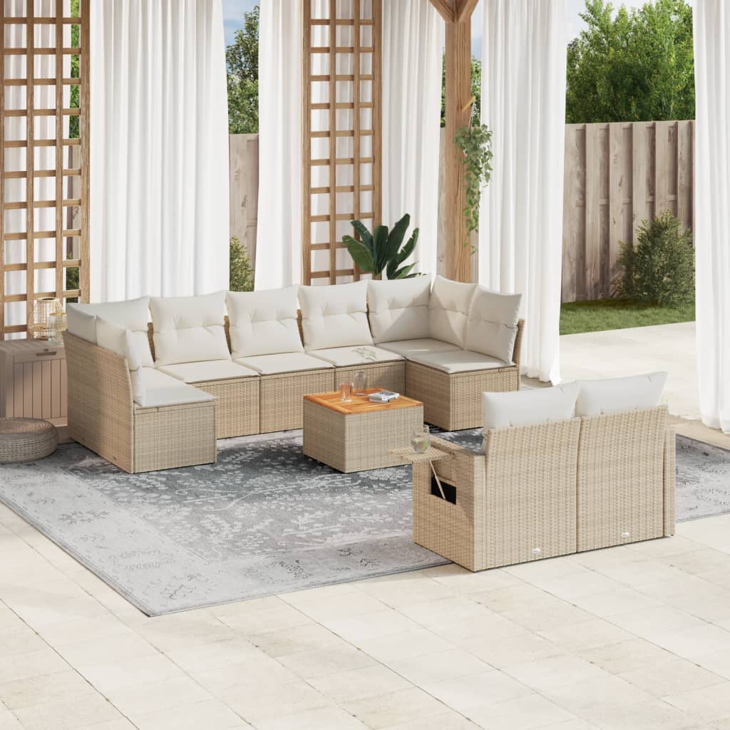 10-delige Loungeset met kussens poly rattan beige