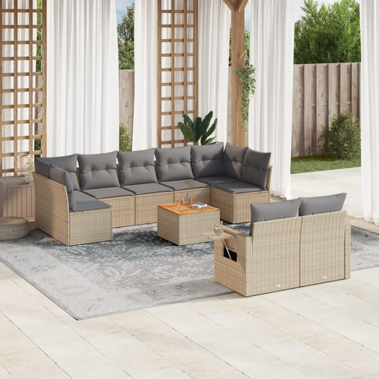 10-delige Loungeset met kussens poly rattan beige