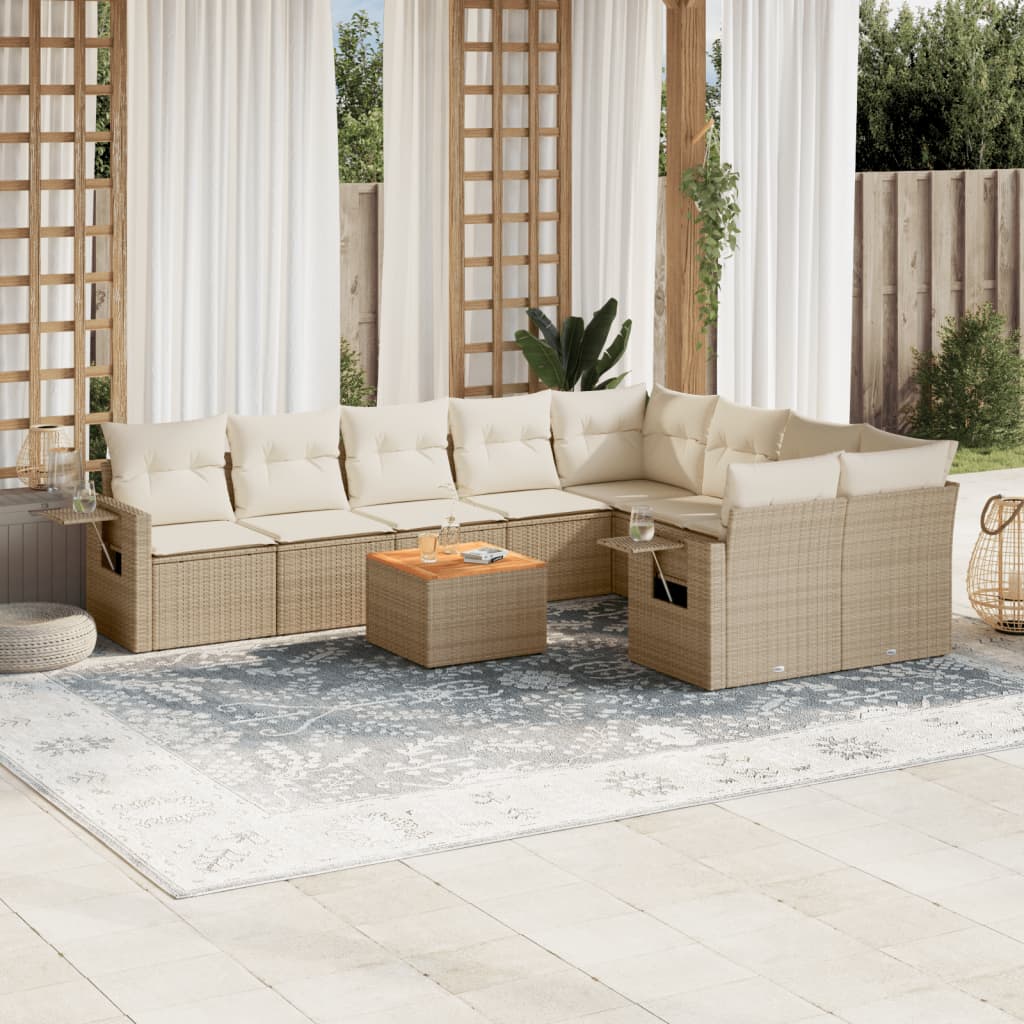 10-delige Loungeset met kussens poly rattan beige