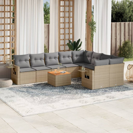 10-delige Loungeset met kussens poly rattan beige