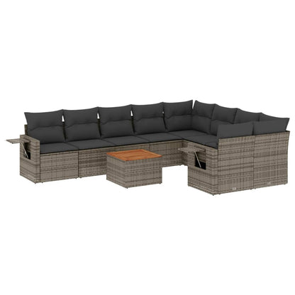 10-delige Loungeset met kussens poly rattan grijs