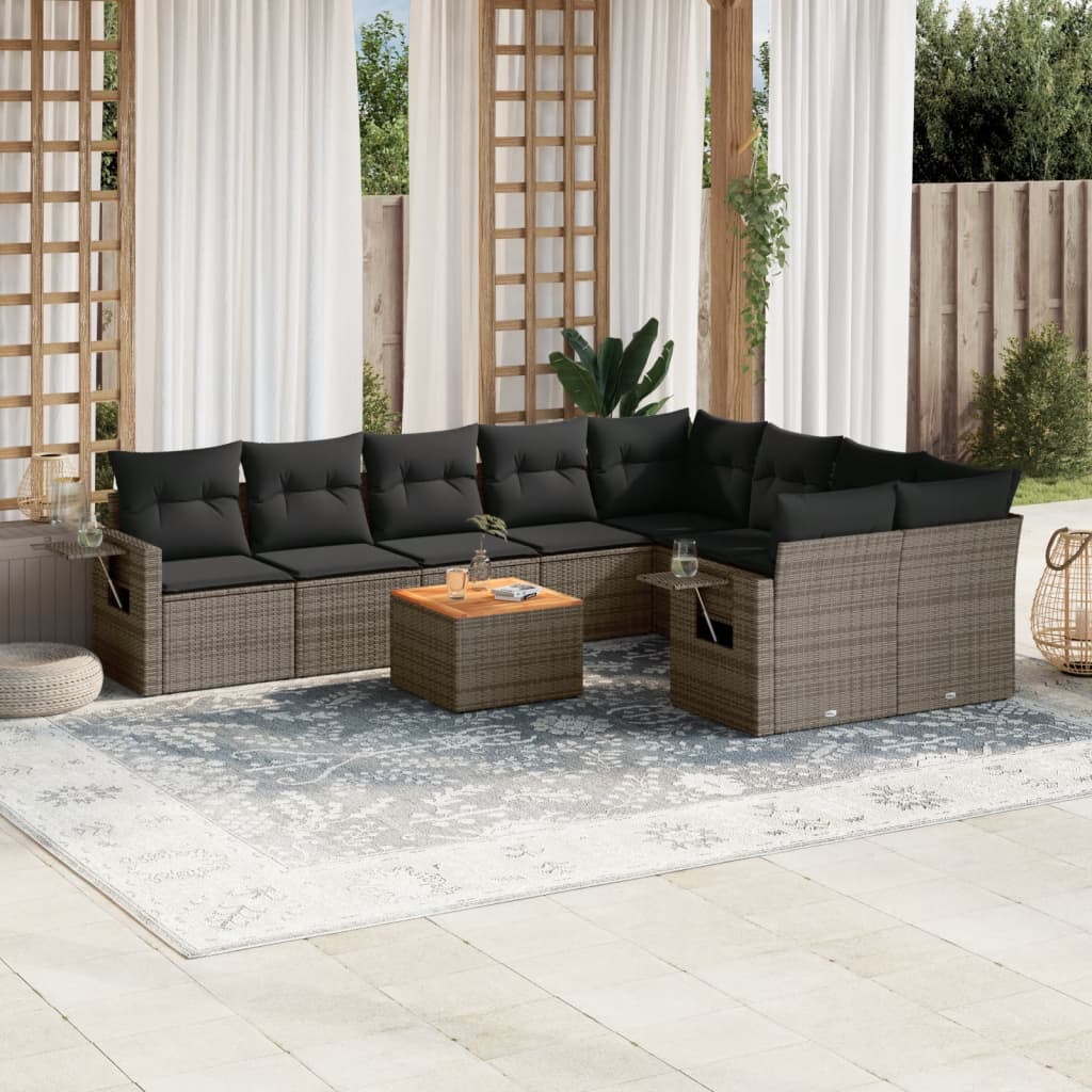 10-delige Loungeset met kussens poly rattan grijs