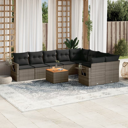 10-delige Loungeset met kussens poly rattan grijs