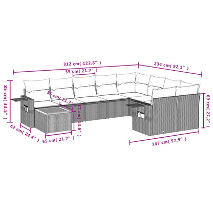 10-delige Loungeset met kussens poly rattan beige