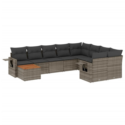 10-delige Loungeset met kussens poly rattan grijs