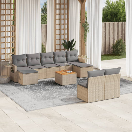 10-delige Loungeset met kussens poly rattan beige