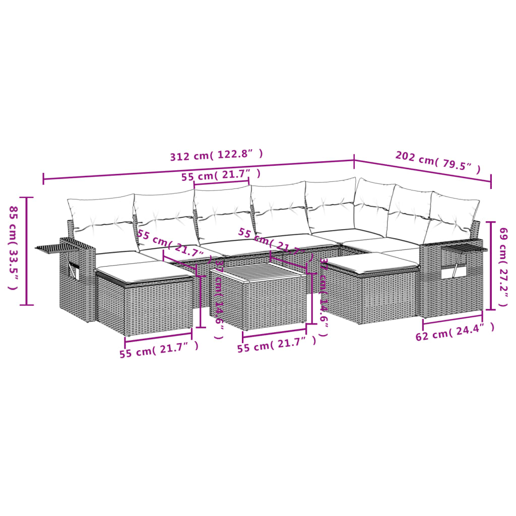 10-delige Loungeset met kussens poly rattan beige