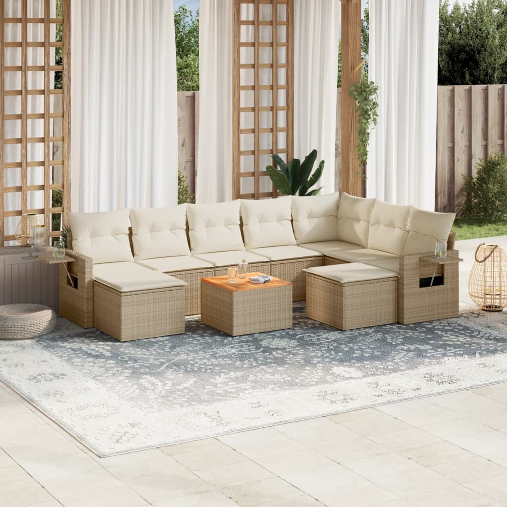 10-delige Loungeset met kussens poly rattan beige