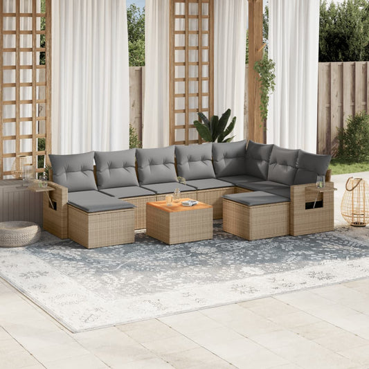 10-delige Loungeset met kussens poly rattan beige