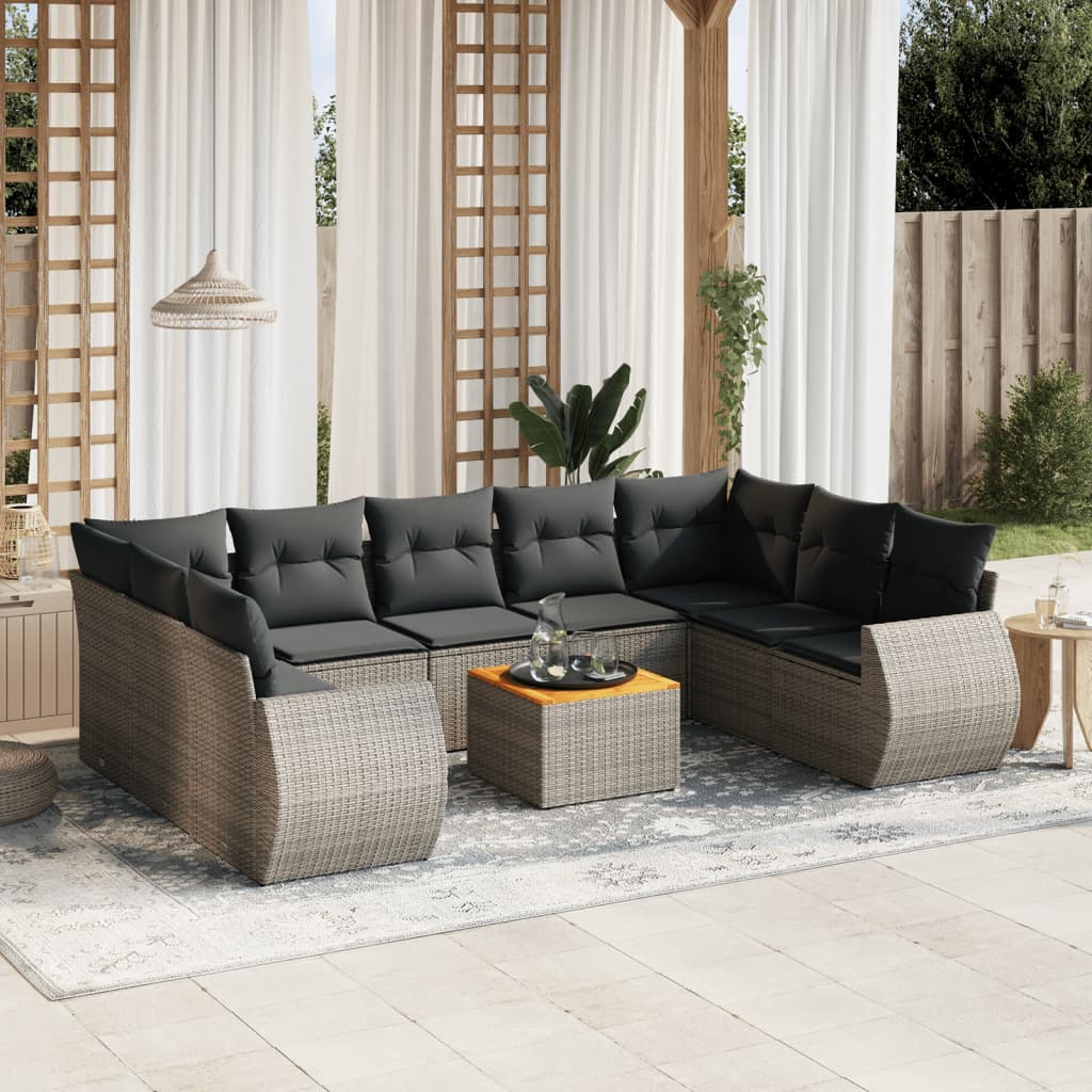 10-delige Loungeset met kussens poly rattan grijs