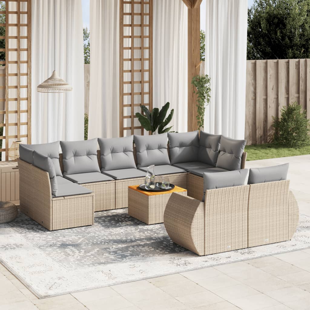 10-delige Loungeset met kussens poly rattan beige