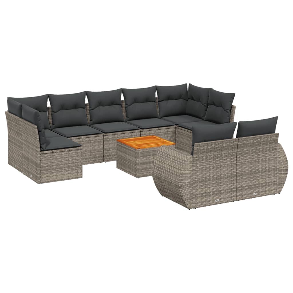 10-delige Loungeset met kussens poly rattan grijs