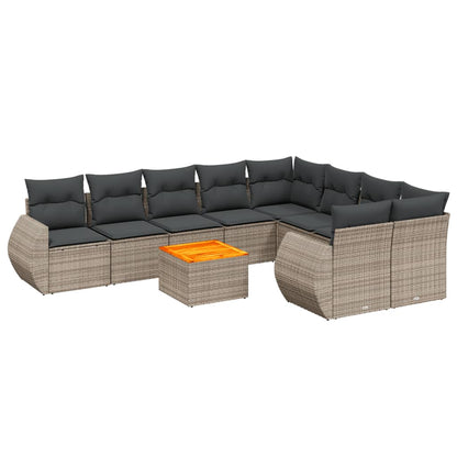 10-delige Loungeset met kussens poly rattan grijs