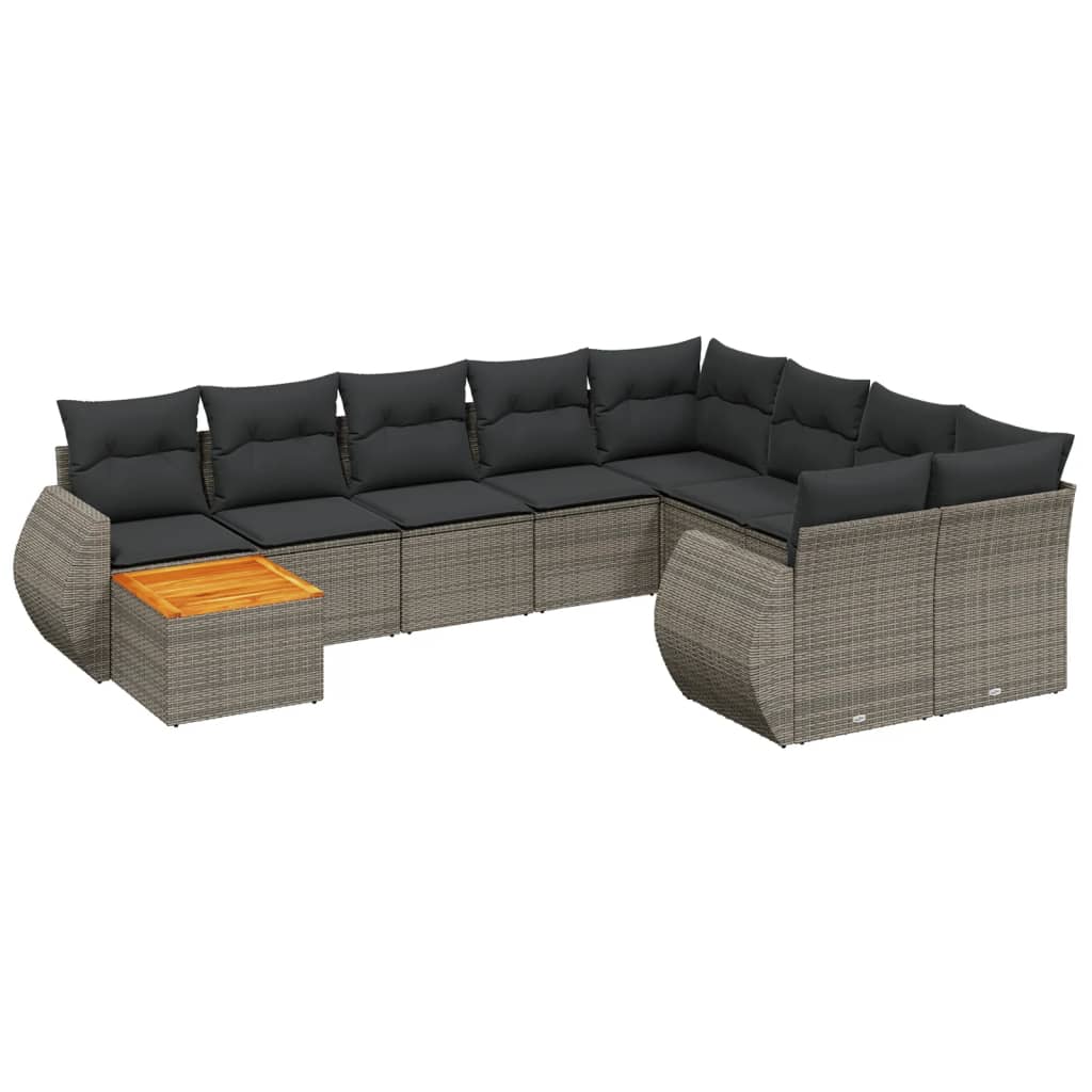 10-delige Loungeset met kussens poly rattan grijs