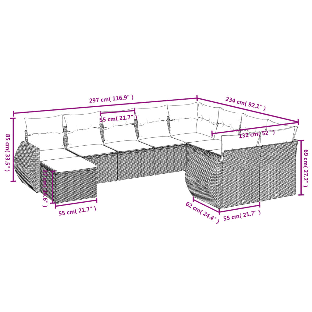 10-delige Loungeset met kussens poly rattan grijs