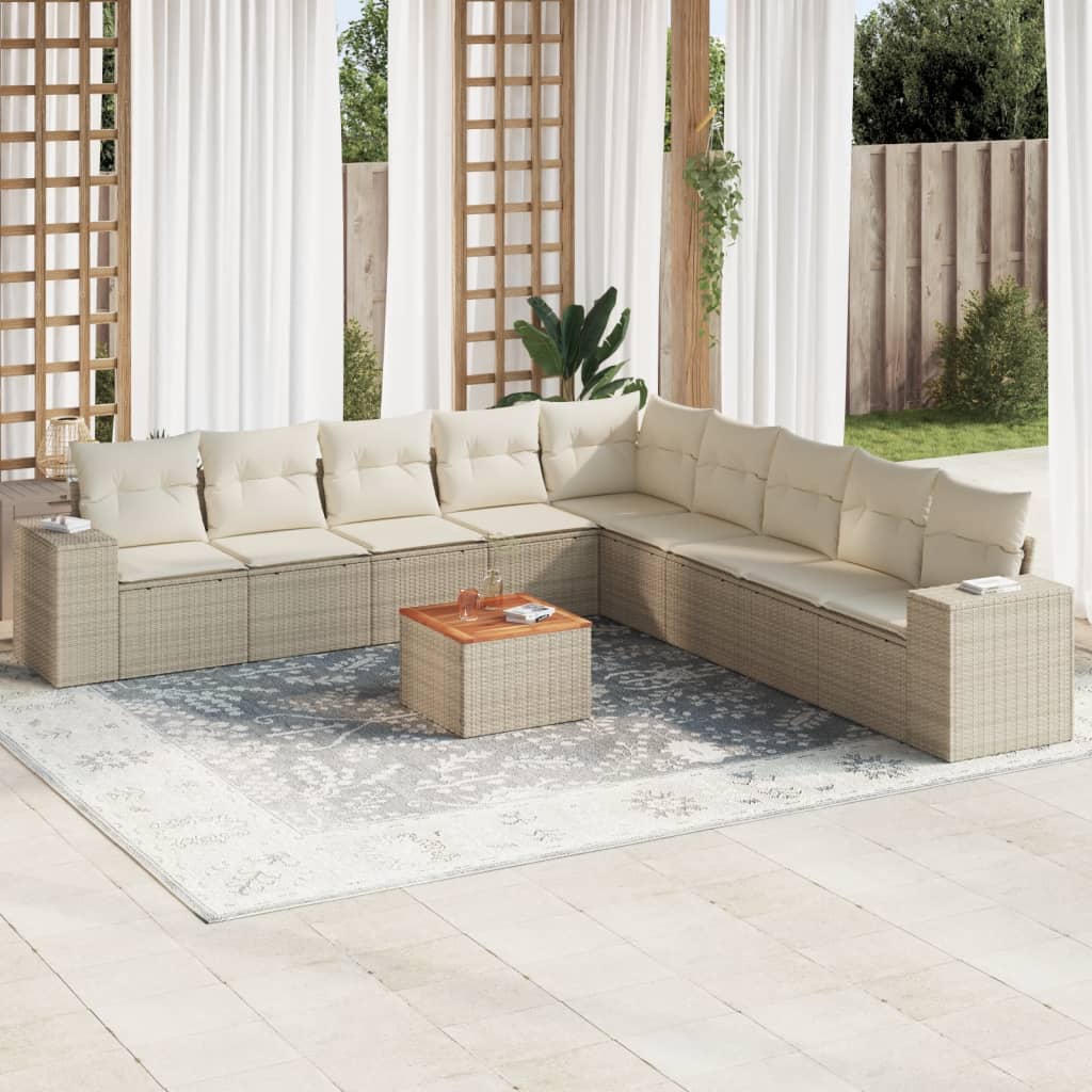 10-delige Loungeset met kussens poly rattan beige