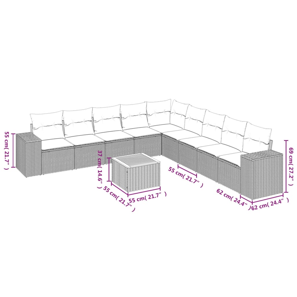 10-delige Loungeset met kussens poly rattan grijs