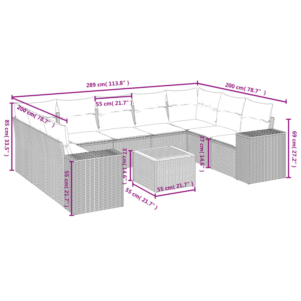 10-delige Loungeset met kussens poly rattan grijs