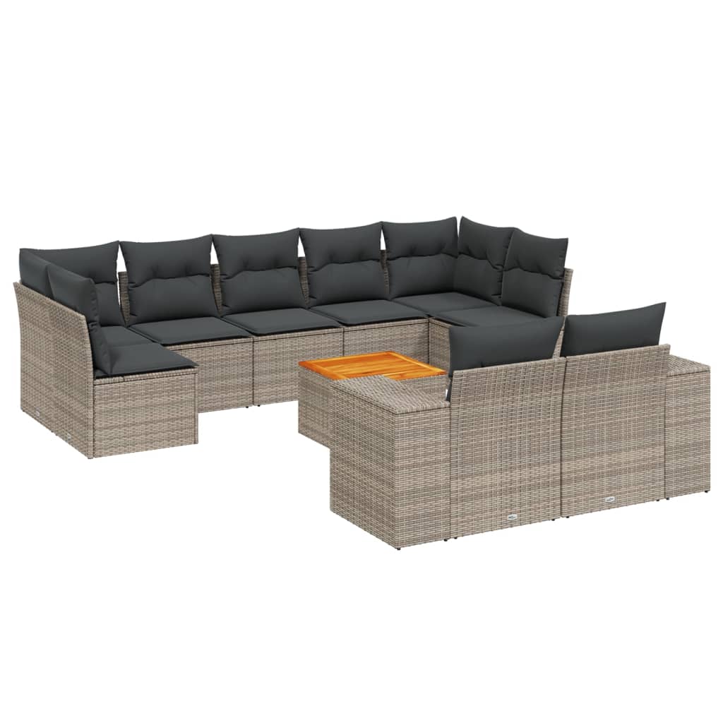 10-delige Loungeset met kussens poly rattan grijs