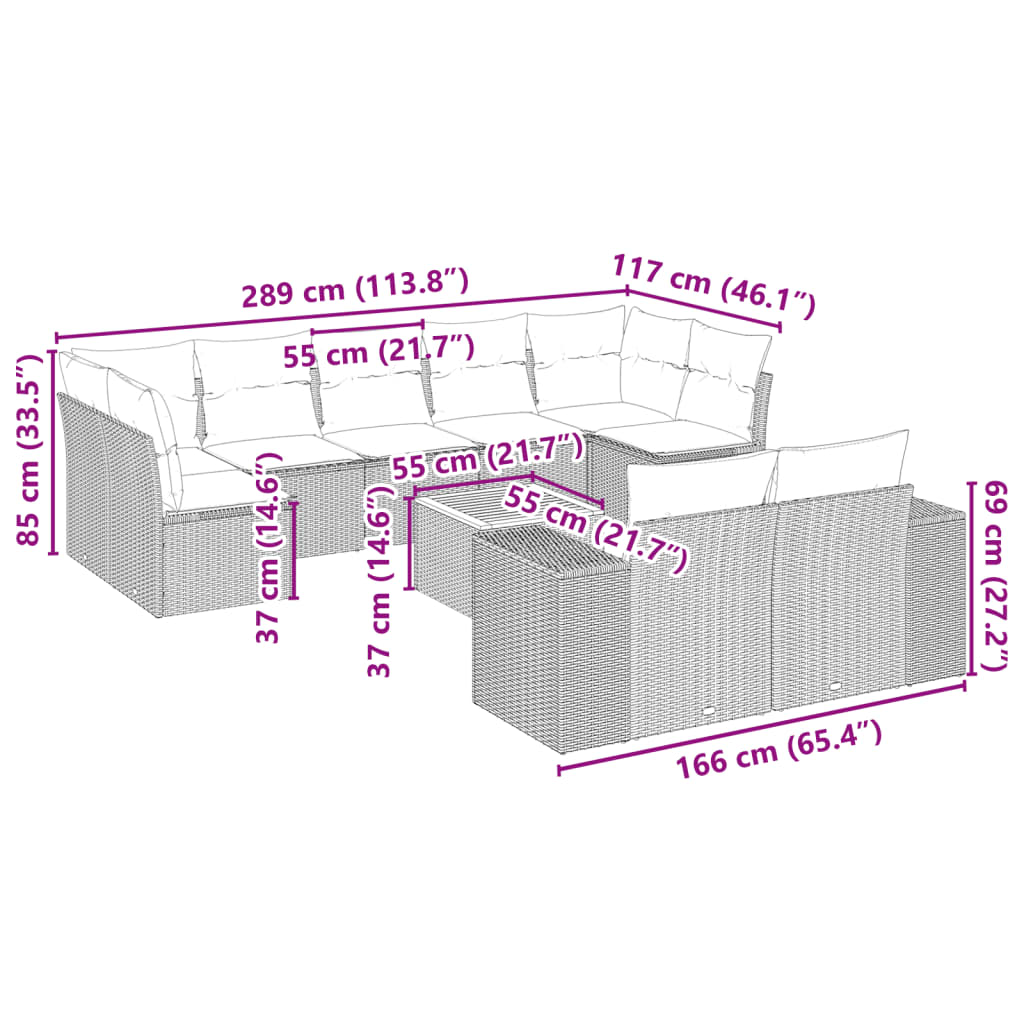 10-delige Loungeset met kussens poly rattan grijs