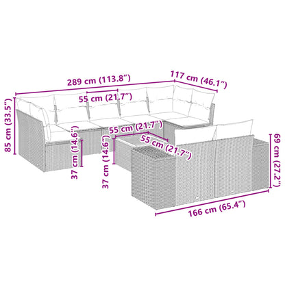 10-delige Loungeset met kussens poly rattan grijs