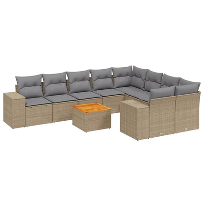 10-delige Loungeset met kussens poly rattan beige