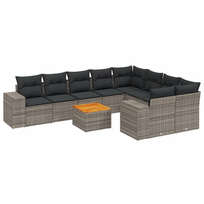 10-delige Loungeset met kussens poly rattan grijs