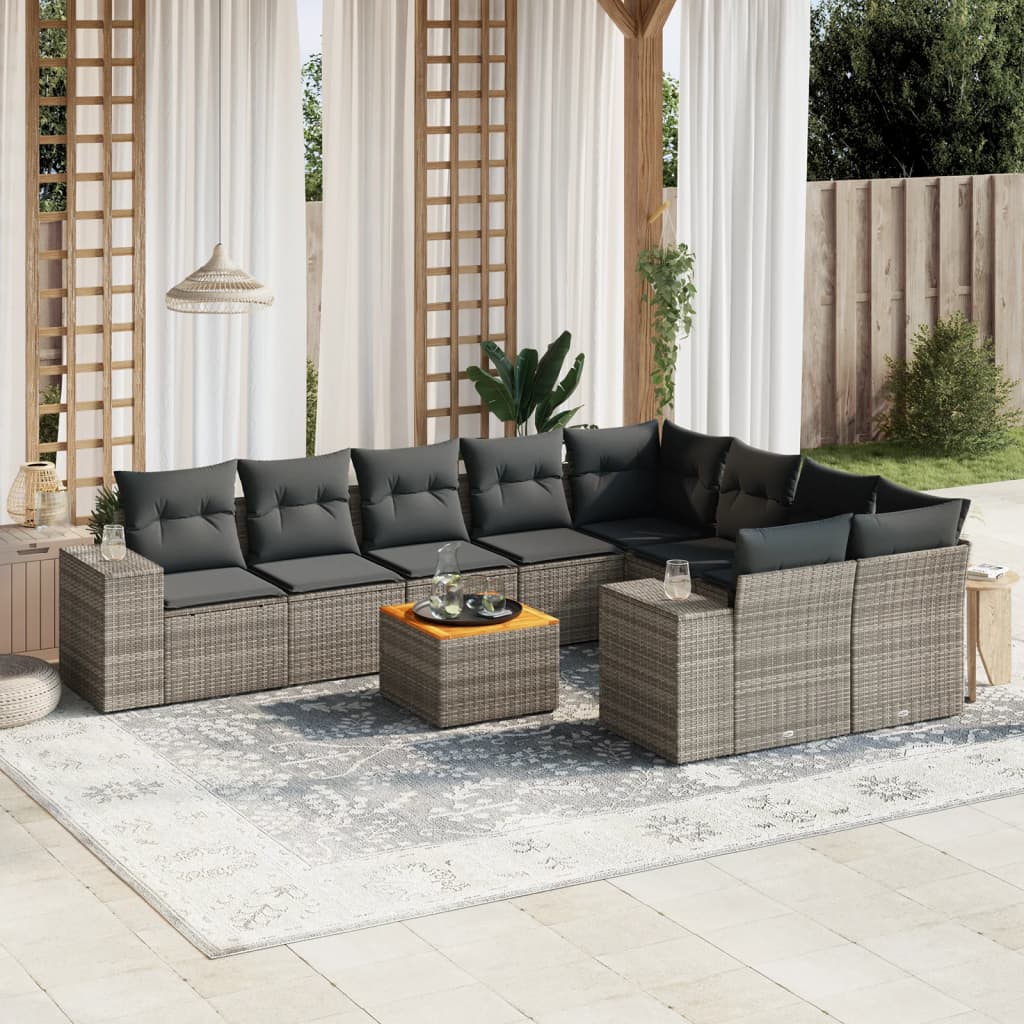 10-delige Loungeset met kussens poly rattan grijs