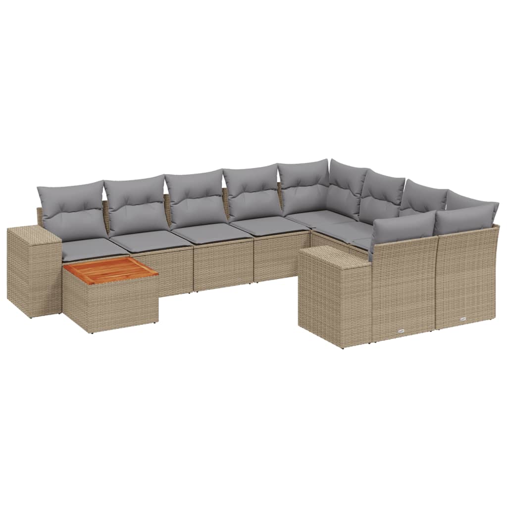 10-delige Loungeset met kussens poly rattan beige