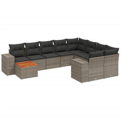 10-delige Loungeset met kussens poly rattan grijs