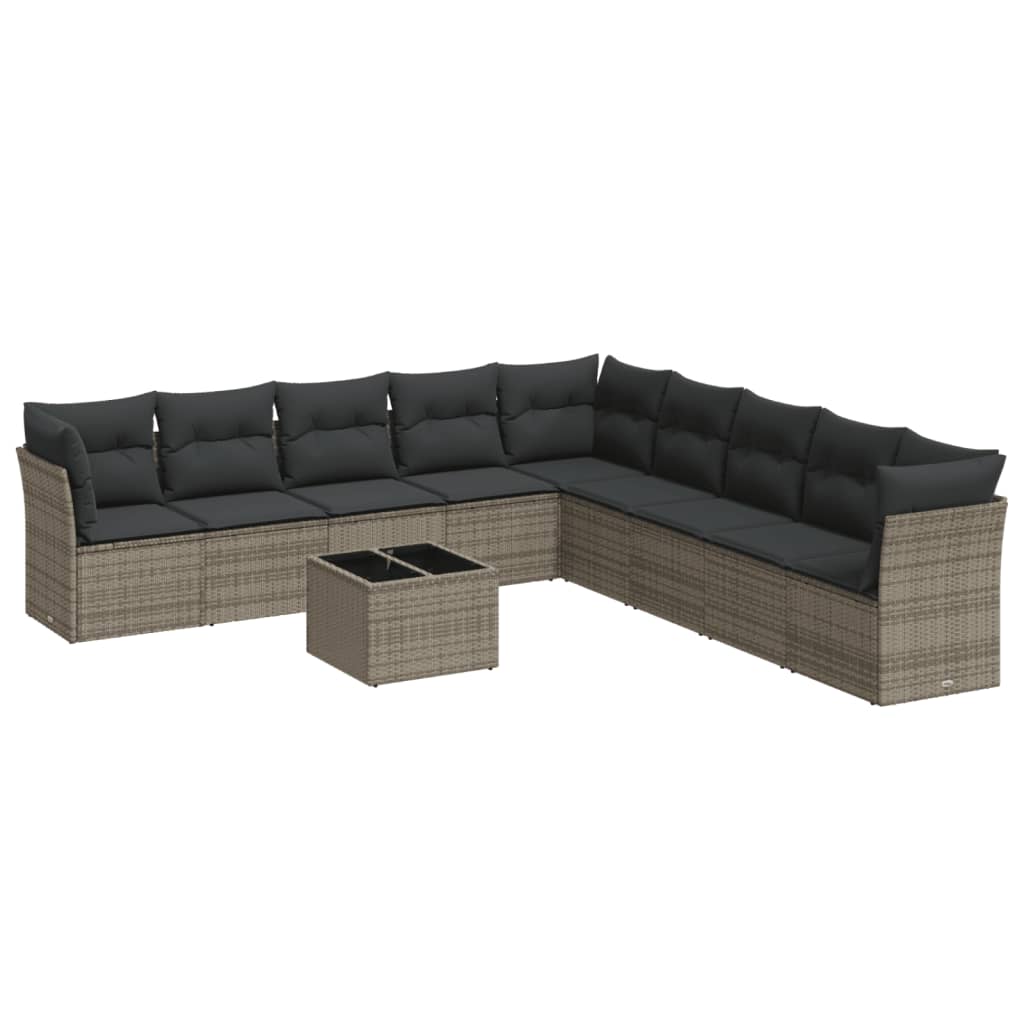 10-delige Loungeset met kussens poly rattan grijs