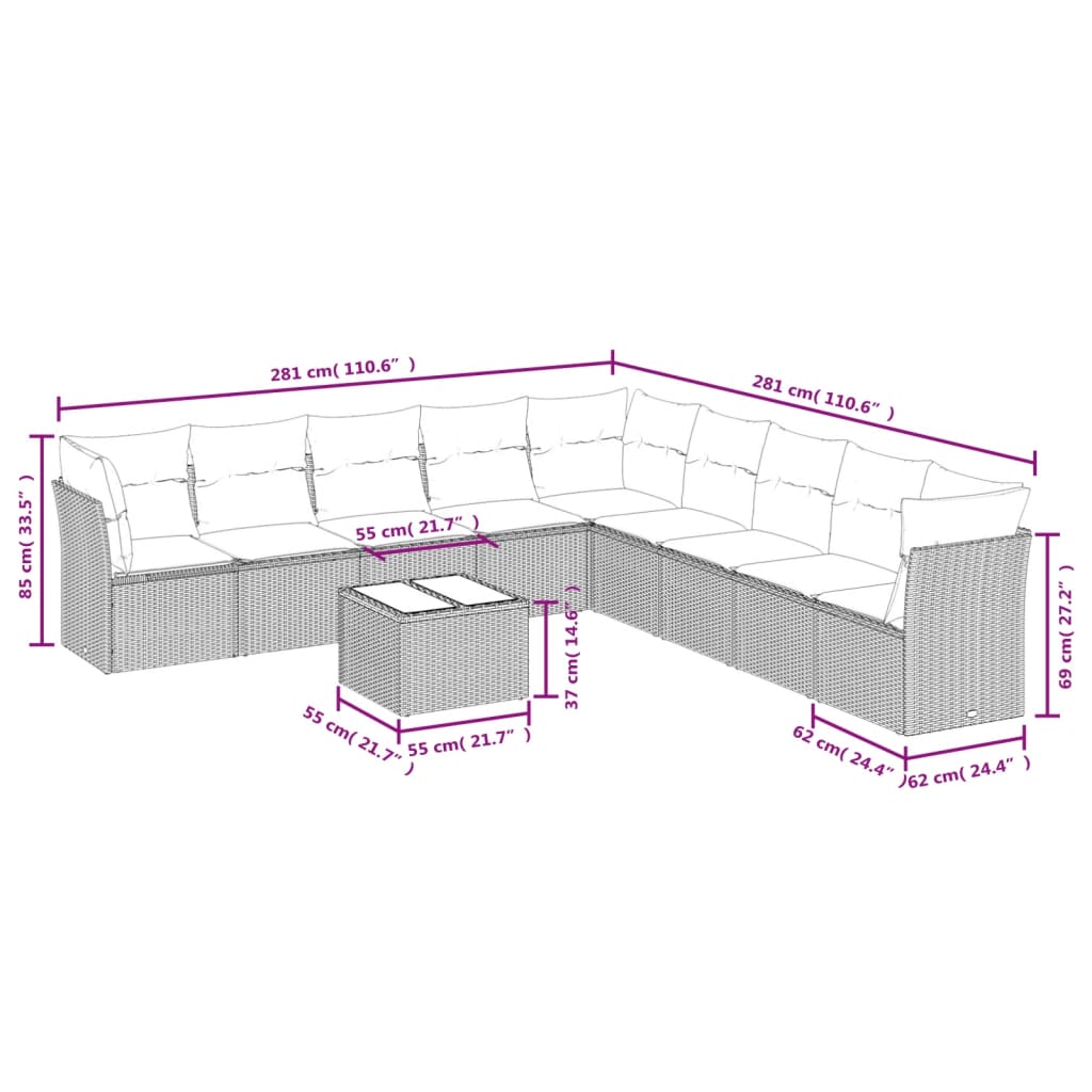 10-delige Loungeset met kussens poly rattan grijs