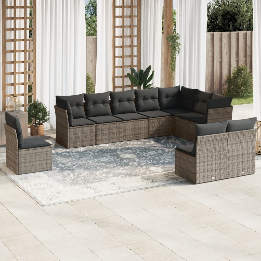 10-delige Loungeset met kussens poly rattan grijs