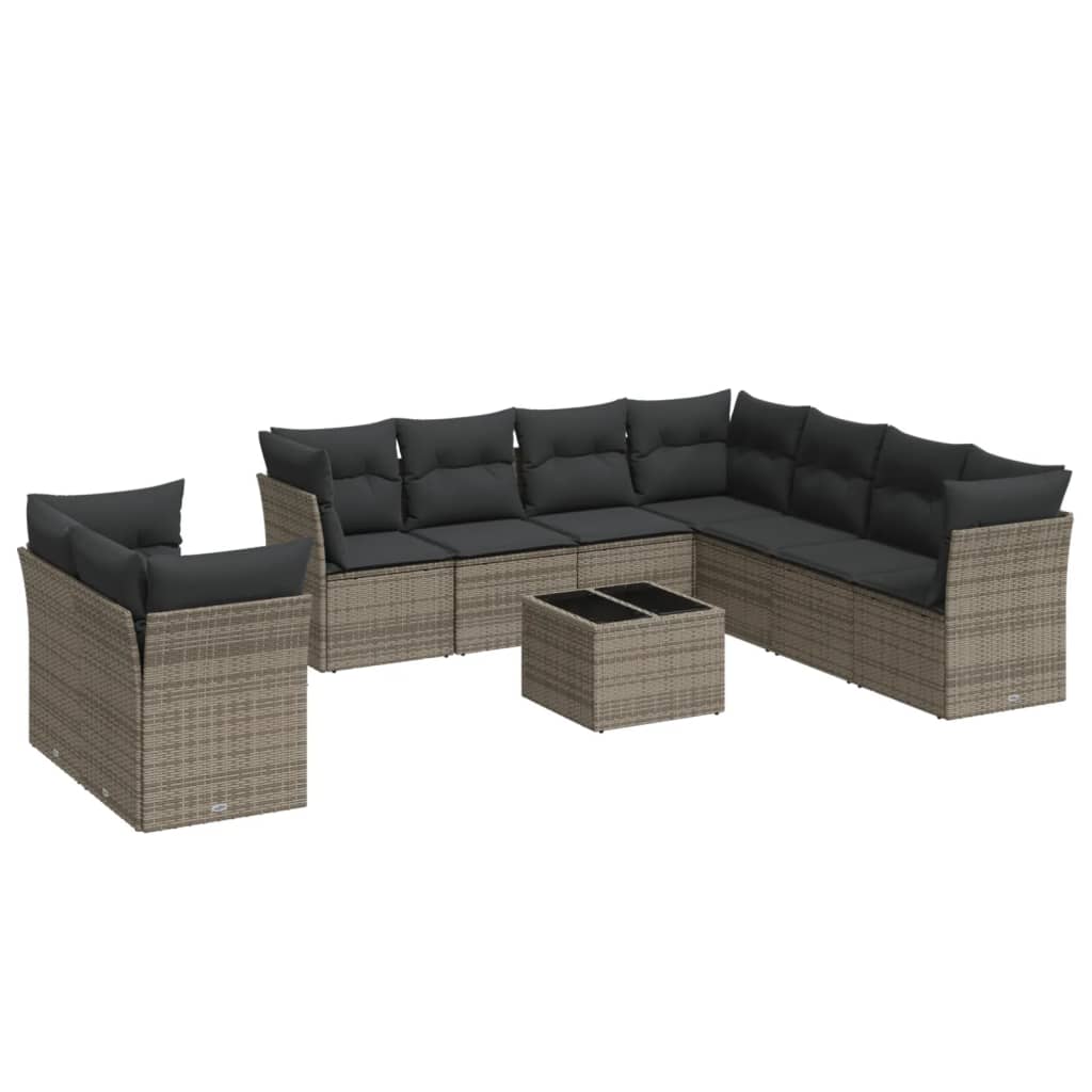 10-delige Loungeset met kussens poly rattan grijs