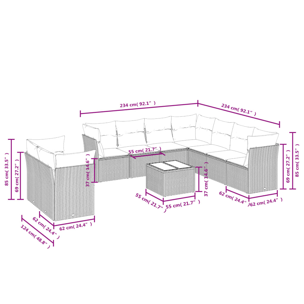 10-delige Loungeset met kussens poly rattan grijs