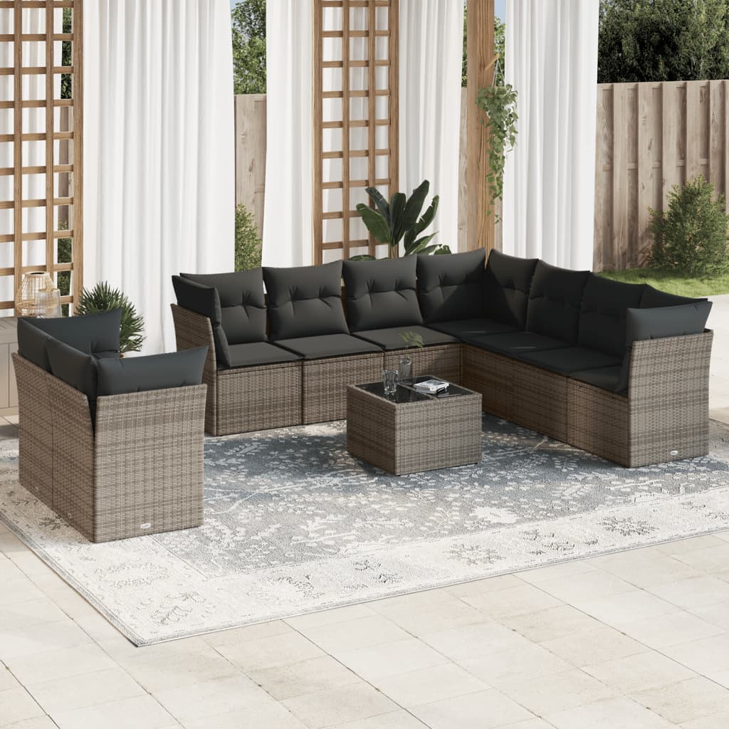 10-delige Loungeset met kussens poly rattan grijs