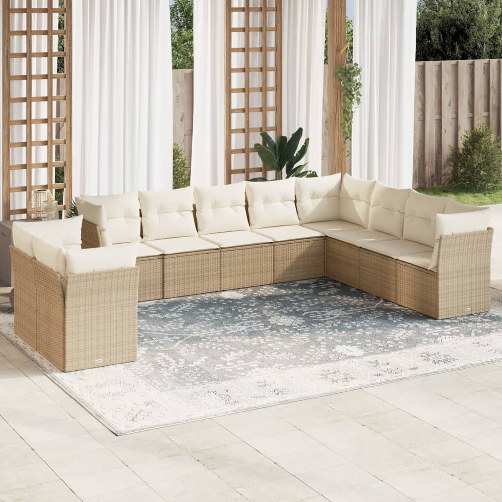 10-delige Loungeset met kussens poly rattan beige