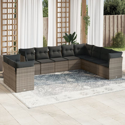 10-delige Loungeset met kussens poly rattan grijs