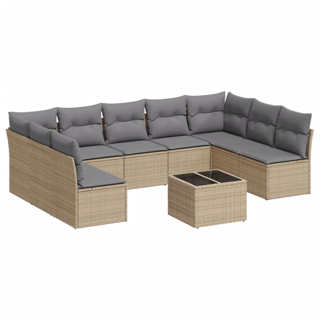 10-delige Loungeset met kussens poly rattan beige