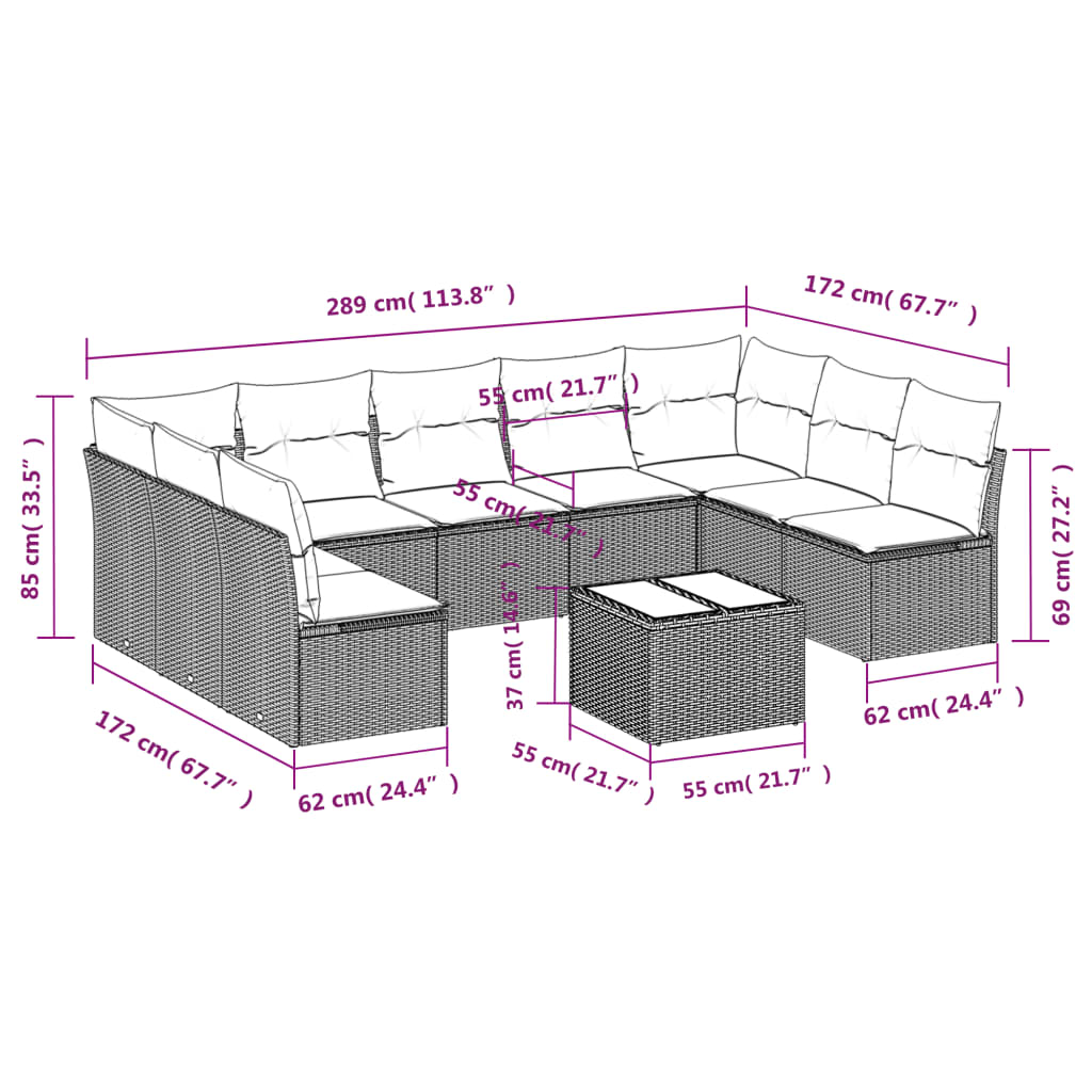 10-delige Loungeset met kussens poly rattan grijs