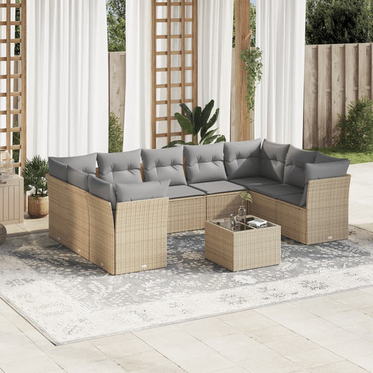 10-delige Loungeset met kussens poly rattan beige