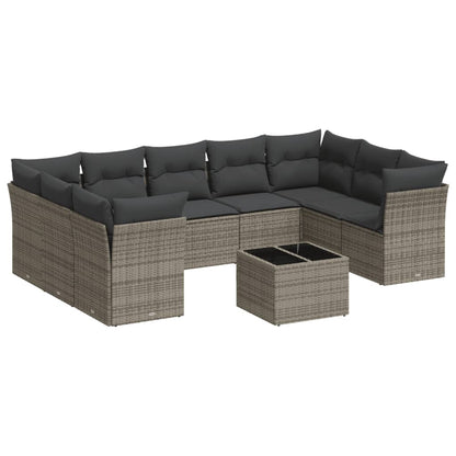 10-delige Loungeset met kussens poly rattan grijs