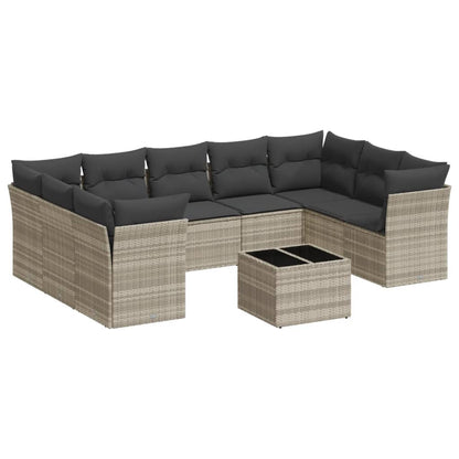 10-delige Loungeset met kussens poly rattan lichtgrijs