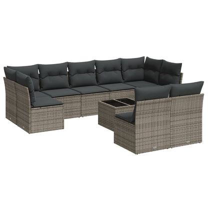 10-delige Loungeset met kussens poly rattan grijs