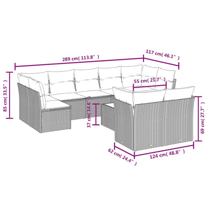 10-delige Loungeset met kussens poly rattan grijs